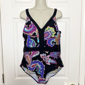 Mazu Swim Womens Size 18W Paisley Floral One Piece Swimsuit Black Multicolor